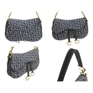 Dior Trotter Double Navy leather Saddle canvas Bag Blue gold Christian